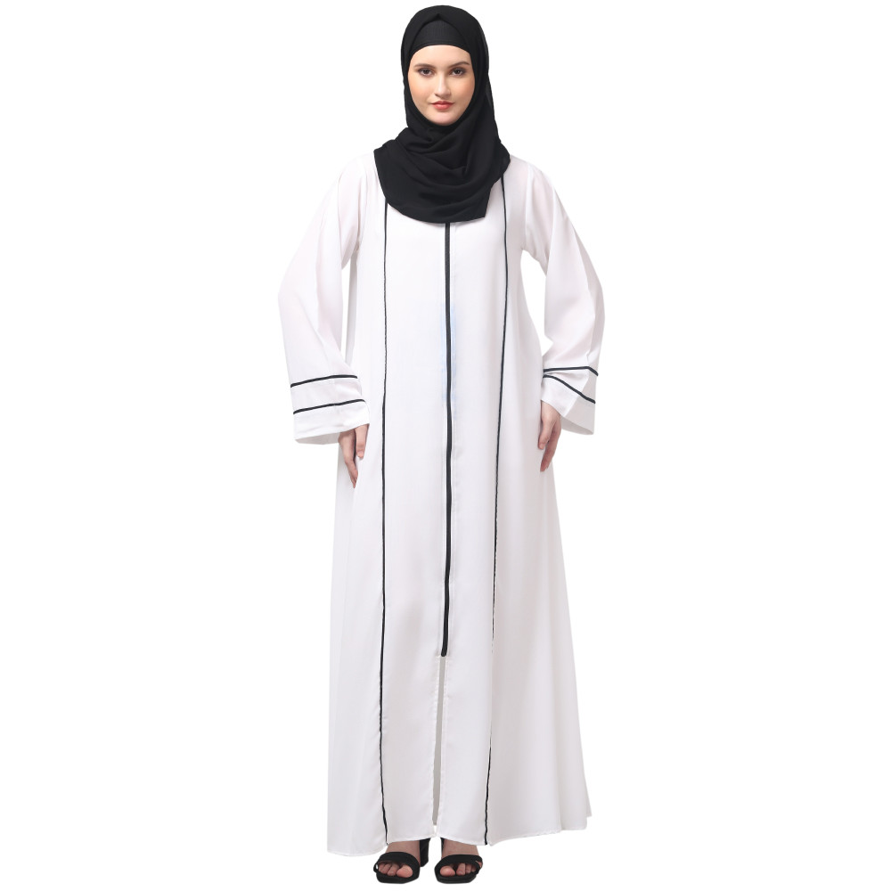 NAZNEEN FRONT OPEN WITH ZIP CONTRAST PIPING AT FRONT AND SLEEVES MATT NIDA ABAYA WITH HIJAB
