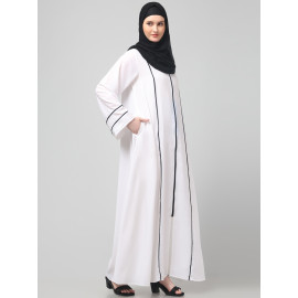NAZNEEN FRONT OPEN WITH ZIP CONTRAST PIPING AT FRONT AND SLEEVES MATT NIDA ABAYA WITH HIJAB