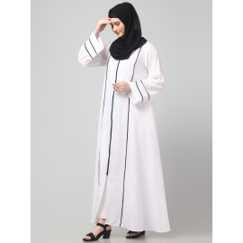 NAZNEEN FRONT OPEN WITH ZIP CONTRAST PIPING AT FRONT AND SLEEVES MATT NIDA ABAYA WITH HIJAB