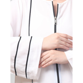 NAZNEEN FRONT OPEN WITH ZIP CONTRAST PIPING AT FRONT AND SLEEVES MATT NIDA ABAYA WITH HIJAB
