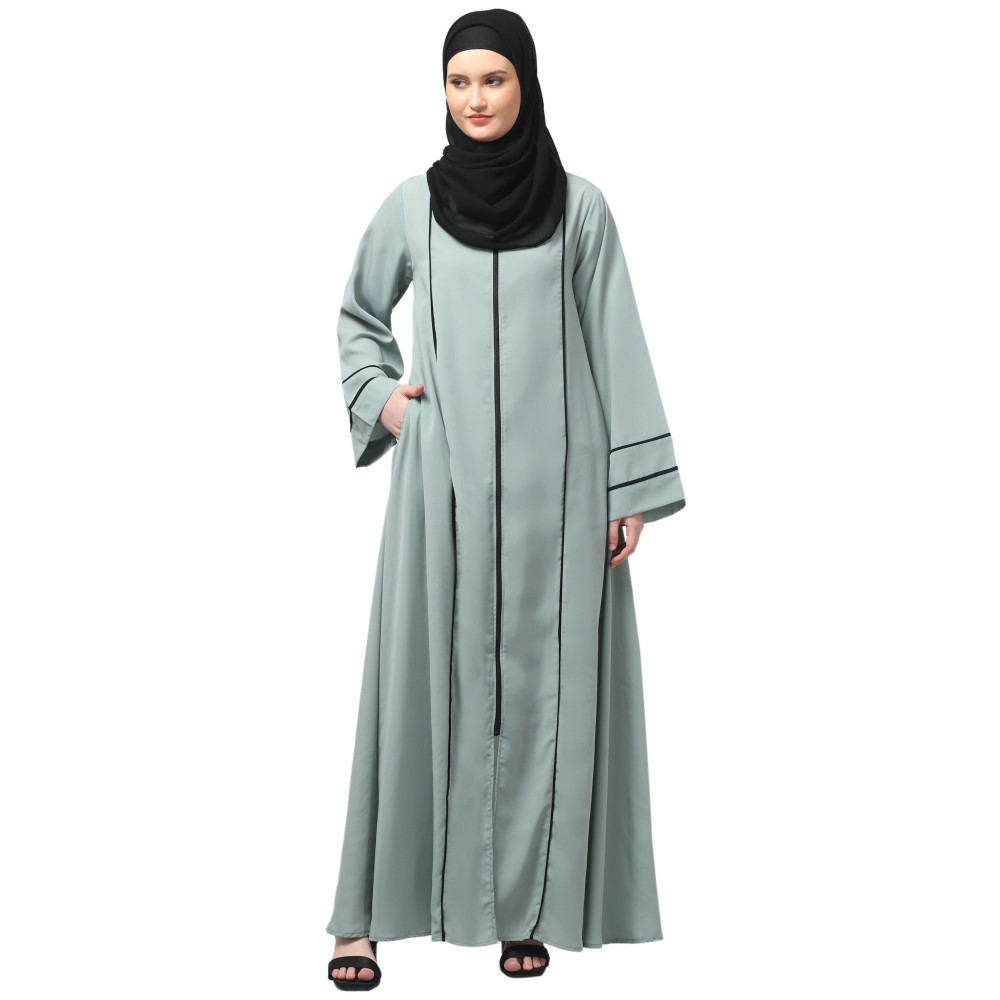 NAZNEEN FRONT OPEN WITH ZIP CONTRAST PIPING AT FRONT AND SLEEVES MATT NIDA ABAYA WITH HIJAB