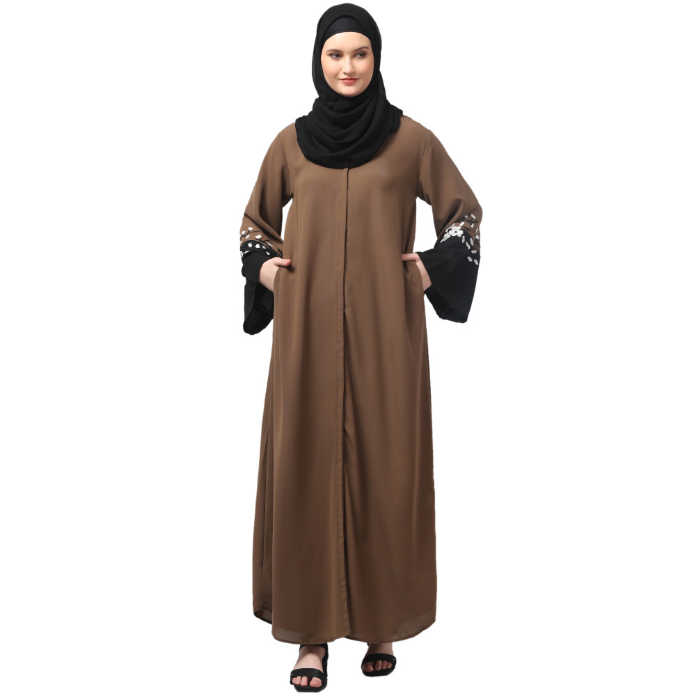 NAZNEEN EMBRODERY AND CONYTRAST  2 SIDE POCKET SLEEVES  FRONT OPEN ABAYA