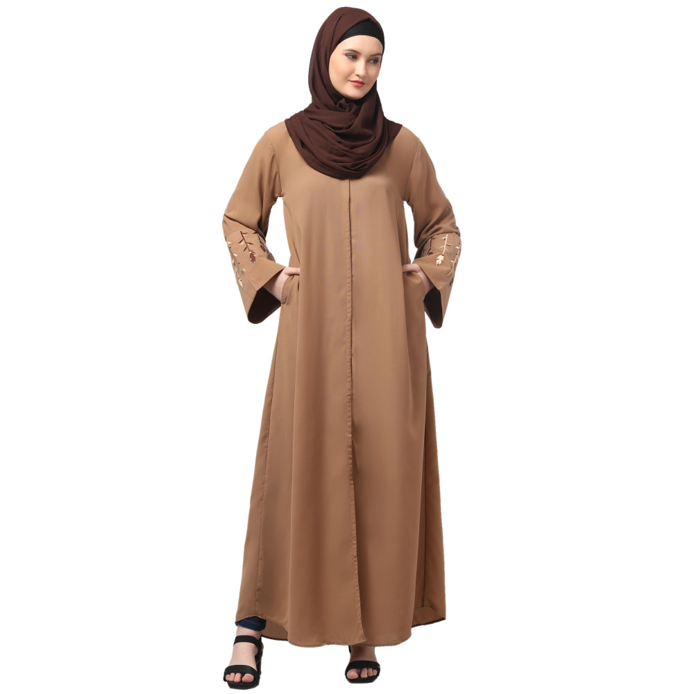 NAZNEEN EMBROIDERY AT SLEEVE 2 SIDE POCKET FRONT OPEN ABAYA