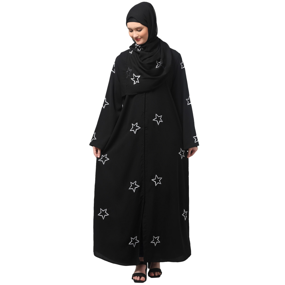 NAZNEEN ALL OVER AND HIJAB STAR EMBROIDERY FRONT OPEN ABAYA