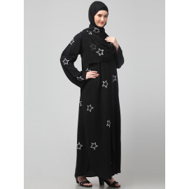 NAZNEEN ALL OVER AND HIJAB STAR EMBROIDERY FRONT OPEN ABAYA