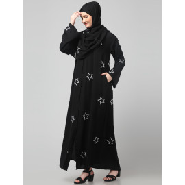 NAZNEEN ALL OVER AND HIJAB STAR EMBROIDERY FRONT OPEN ABAYA