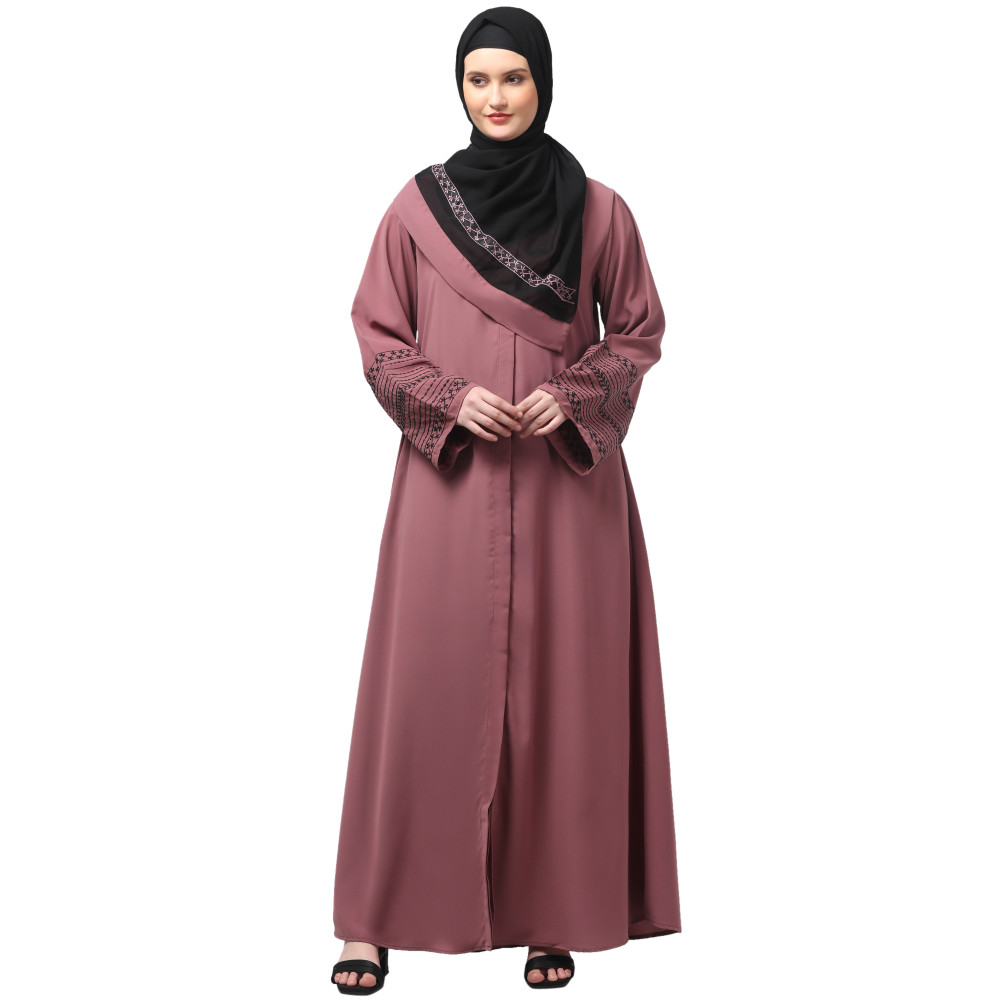 NAZNEEN SLEEVES AND HIJAB FLOWERS AND LINES EMBROIDRY FRONT OPEN ABAYA