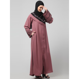 NAZNEEN SLEEVES AND HIJAB FLOWERS AND LINES EMBROIDRY FRONT OPEN ABAYA
