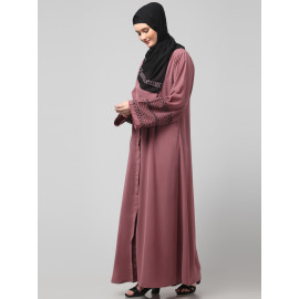 NAZNEEN SLEEVES AND HIJAB FLOWERS AND LINES EMBROIDRY FRONT OPEN ABAYA