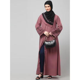 NAZNEEN SLEEVES AND HIJAB FLOWERS AND LINES EMBROIDRY FRONT OPEN ABAYA