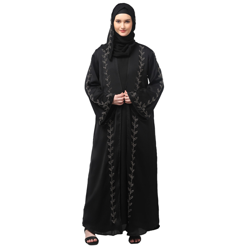 Nazneen  Both front shoulder to bottom , Sleeves and Hijab Hand Embroidered with inner Cardigan Style Abaya with Hijab
