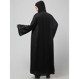 Nazneen  Both front shoulder to bottom , Sleeves and Hijab Hand Embroidered with inner Cardigan Style Abaya with Hijab