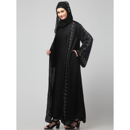 Nazneen  Both front shoulder to bottom , Sleeves and Hijab Hand Embroidered with inner Cardigan Style Abaya with Hijab