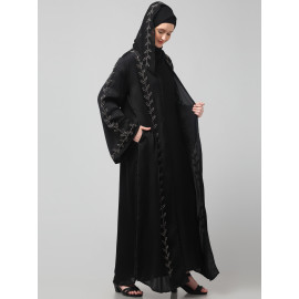 Nazneen  Both front shoulder to bottom , Sleeves and Hijab Hand Embroidered with inner Cardigan Style Abaya with Hijab