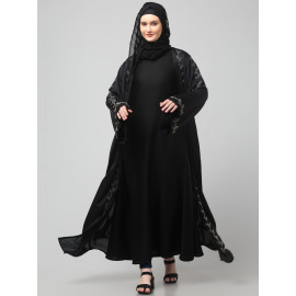 Nazneen  Both front shoulder to bottom , Sleeves and Hijab Hand Embroidered with inner Cardigan Style Abaya with Hijab