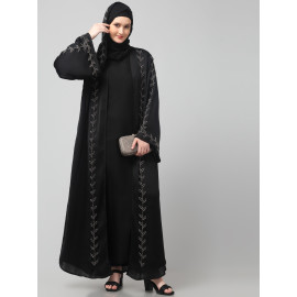 Nazneen  Both front shoulder to bottom , Sleeves and Hijab Hand Embroidered with inner Cardigan Style Abaya with Hijab