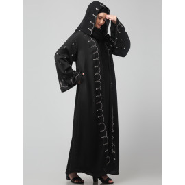 Nazneen  Both front shoulder to bottom , Sleeves and Hijab Stone Hand Embroidered with inner Cardigan Style Abaya with Hijab