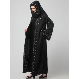 Nazneen  Both front shoulder to bottom , Sleeves and Hijab Stone Hand Embroidered with inner Cardigan Style Abaya with Hijab