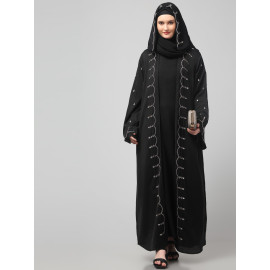 Nazneen  Both front shoulder to bottom , Sleeves and Hijab Stone Hand Embroidered with inner Cardigan Style Abaya with Hijab