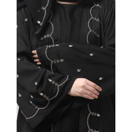 Nazneen  Both front shoulder to bottom , Sleeves and Hijab Stone Hand Embroidered with inner Cardigan Style Abaya with Hijab