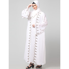 Nazneen  Both front shoulder to bottom , Sleeves and Hijab Stone Hand Embroidered with inner Cardigan Style Abaya with Hijab