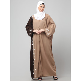 NAZNEEN EMBROIDERY AT FRON AND SLEEVES CONTRAST FRONT OPEN KAFTAN ABAYA WITH  HIJAB