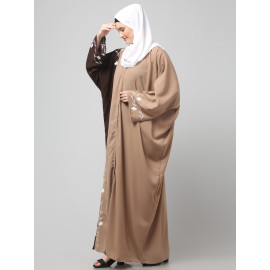 NAZNEEN EMBROIDERY AT FRON AND SLEEVES CONTRAST FRONT OPEN KAFTAN ABAYA WITH  HIJAB