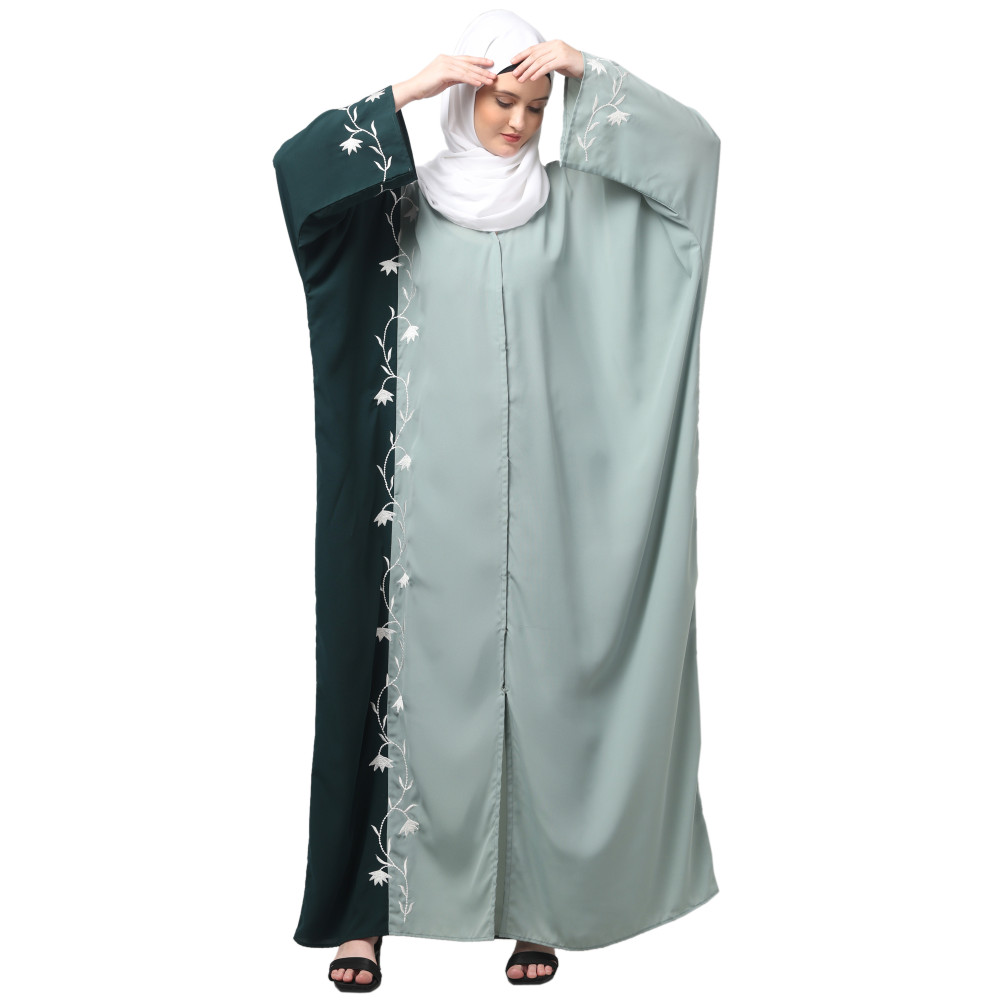 NAZNEEN EMBROIDERY AT FRON AND SLEEVES CONTRAST FRONT OPEN KAFTAN ABAYA WITH  HIJAB