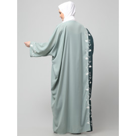 NAZNEEN EMBROIDERY AT FRON AND SLEEVES CONTRAST FRONT OPEN KAFTAN ABAYA WITH  HIJAB