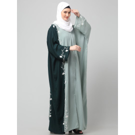 NAZNEEN EMBROIDERY AT FRON AND SLEEVES CONTRAST FRONT OPEN KAFTAN ABAYA WITH  HIJAB