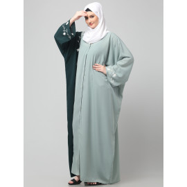 NAZNEEN EMBROIDERY AT FRON AND SLEEVES CONTRAST FRONT OPEN KAFTAN ABAYA WITH  HIJAB