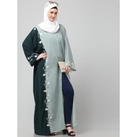 NAZNEEN EMBROIDERY AT FRON AND SLEEVES CONTRAST FRONT OPEN KAFTAN ABAYA WITH  HIJAB