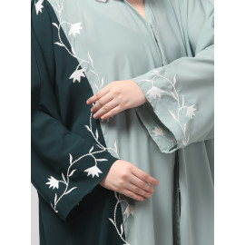 NAZNEEN EMBROIDERY AT FRON AND SLEEVES CONTRAST FRONT OPEN KAFTAN ABAYA WITH  HIJAB