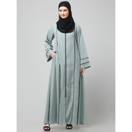 NAZNEEN FRONT OPEN WITH ZIP CONTRAST PIPING AT FRONT AND SLEEVES MATT NIDA ABAYA WITH HIJAB