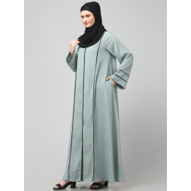 NAZNEEN FRONT OPEN WITH ZIP CONTRAST PIPING AT FRONT AND SLEEVES MATT NIDA ABAYA WITH HIJAB
