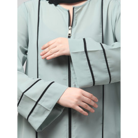 NAZNEEN FRONT OPEN WITH ZIP CONTRAST PIPING AT FRONT AND SLEEVES MATT NIDA ABAYA WITH HIJAB