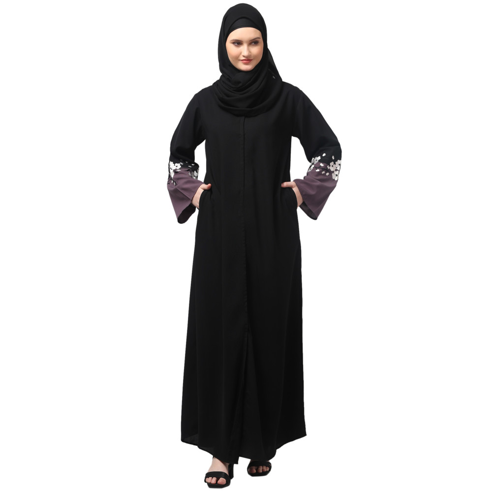 NAZNEEN EMBRODERY AND CONYTRAST  2 SIDE POCKET SLEEVES  FRONT OPEN ABAYA