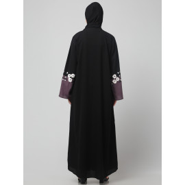 NAZNEEN EMBRODERY AND CONYTRAST  2 SIDE POCKET SLEEVES  FRONT OPEN ABAYA