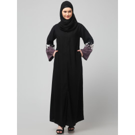 NAZNEEN EMBRODERY AND CONYTRAST  2 SIDE POCKET SLEEVES  FRONT OPEN ABAYA