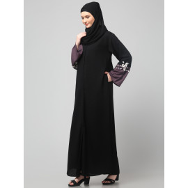 NAZNEEN EMBRODERY AND CONYTRAST  2 SIDE POCKET SLEEVES  FRONT OPEN ABAYA