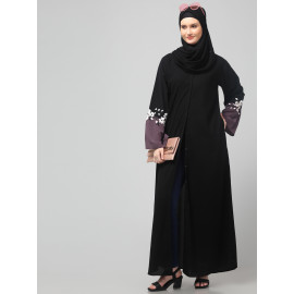 NAZNEEN EMBRODERY AND CONYTRAST  2 SIDE POCKET SLEEVES  FRONT OPEN ABAYA
