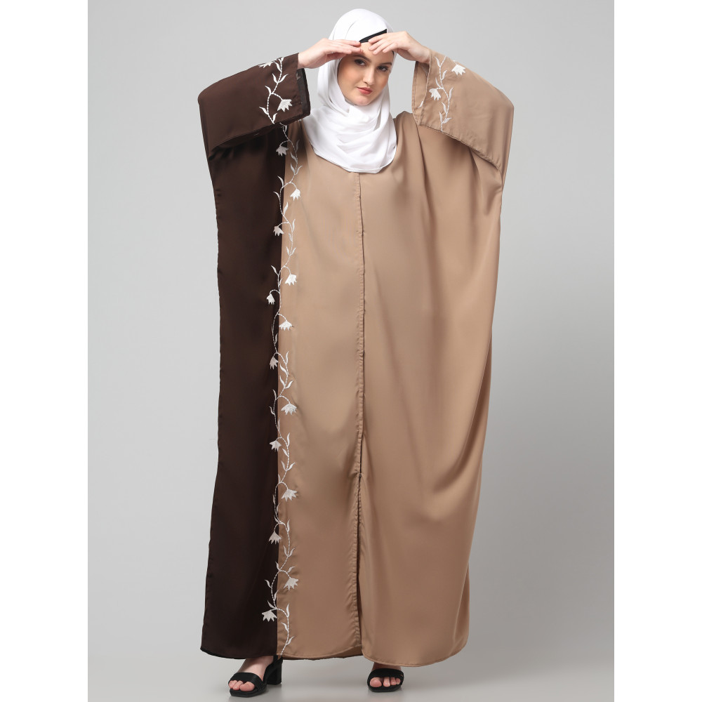 NAZNEEN EMBROIDERY AT FRON AND SLEEVES CONTRAST FRONT OPEN KAFTAN ABAYA WITH  HIJAB