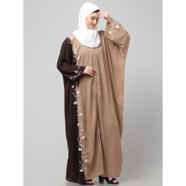NAZNEEN EMBROIDERY AT FRON AND SLEEVES CONTRAST FRONT OPEN KAFTAN ABAYA WITH  HIJAB