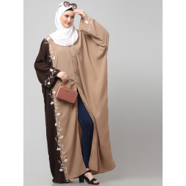 NAZNEEN EMBROIDERY AT FRON AND SLEEVES CONTRAST FRONT OPEN KAFTAN ABAYA WITH  HIJAB