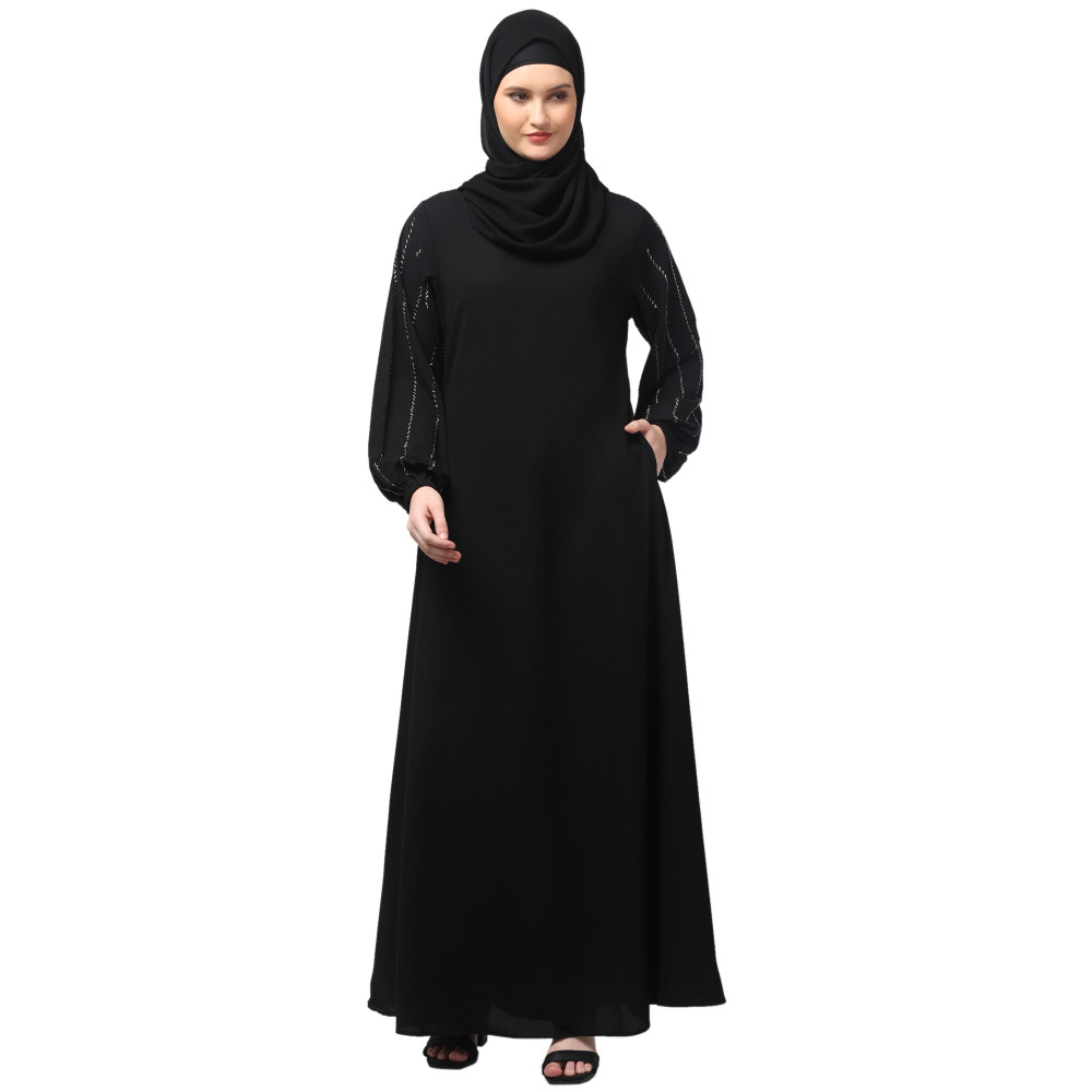 NAZNEEN EMBROIDERED SLEEVE  WITH ELASTIC  A LINE MATT NIDA ABAYA WITH HJAB
