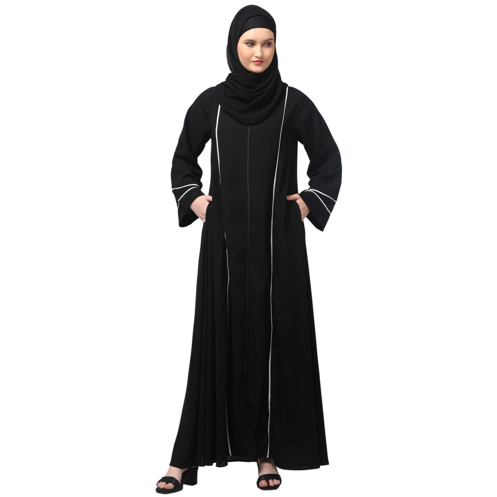 NAZNEEN FRONT OPEN WITH ZIP CONTRAST PIPING AT FRONT AND SLEEVES MATT NIDA ABAYA WITH HIJAB