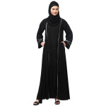 NAZNEEN FRONT OPEN WITH ZIP CONTRAST PIPING AT FRONT AND SLEEVES MATT NIDA ABAYA WITH HIJAB