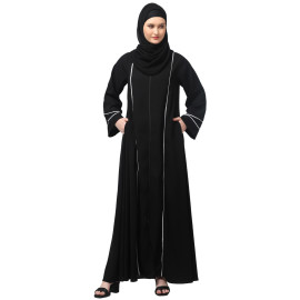 NAZNEEN FRONT OPEN WITH ZIP CONTRAST PIPING AT FRONT AND SLEEVES MATT NIDA ABAYA WITH HIJAB