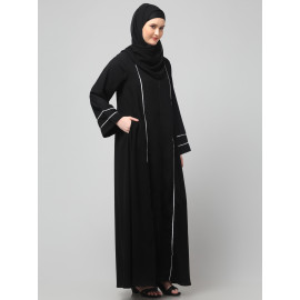 NAZNEEN FRONT OPEN WITH ZIP CONTRAST PIPING AT FRONT AND SLEEVES MATT NIDA ABAYA WITH HIJAB