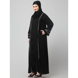 NAZNEEN FRONT OPEN WITH ZIP CONTRAST PIPING AT FRONT AND SLEEVES MATT NIDA ABAYA WITH HIJAB